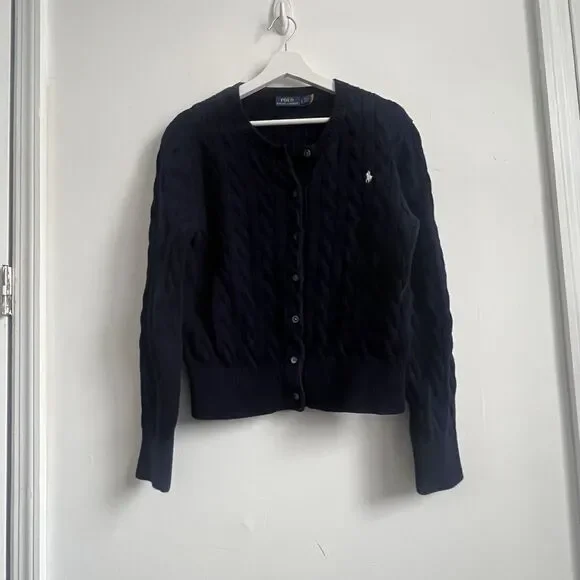POLO RALPH LAUREN Women Cable-Knit Cotton Crewneck Cardigan Blue Large - Picture 1 of 7